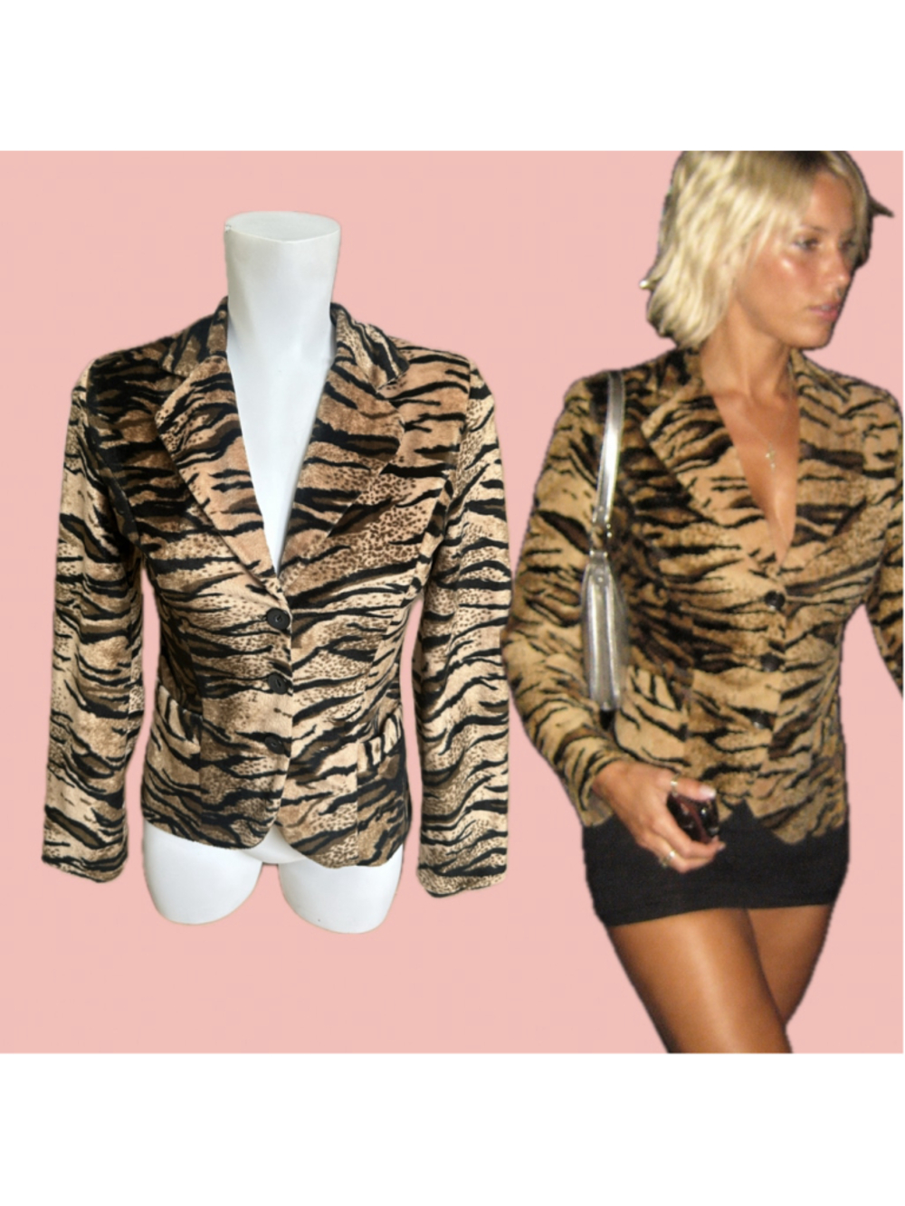 Vintage Textured Tiger Print Blazer Jacket Size Small